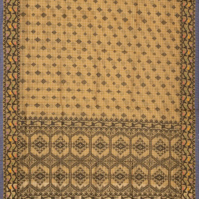 Beige Bengal Cotton Saree With Checks & Floral Motifs