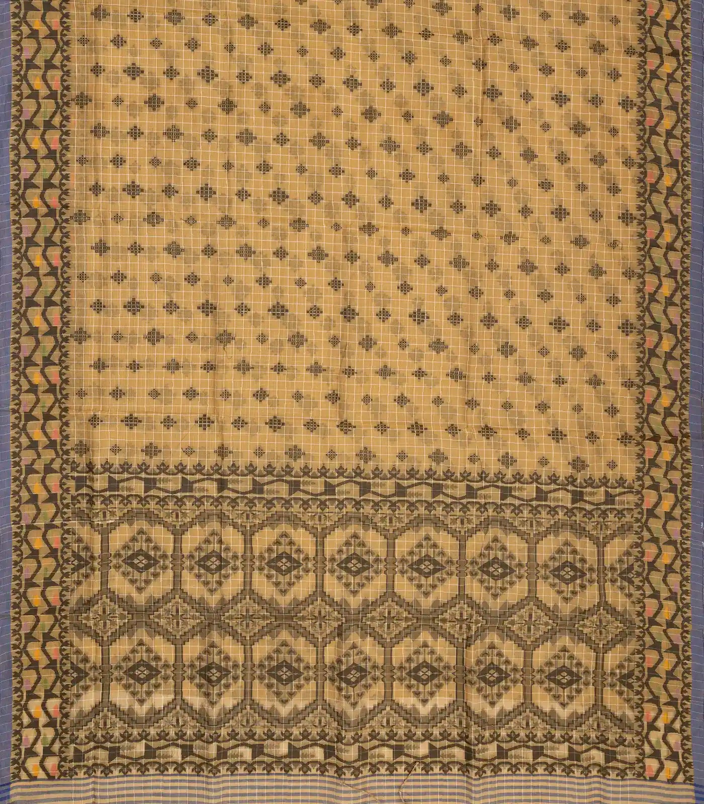 Beige Bengal Cotton Saree With Checks & Floral Motifs