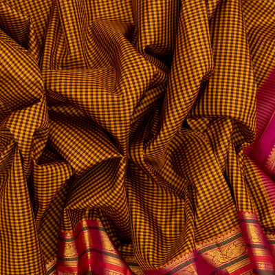 Mustard Handloom Kanchipuram Korvai Silk Saree With Checks