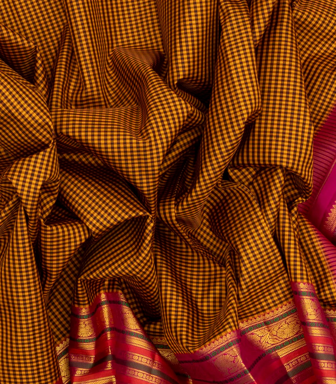 Mustard Handloom Kanchipuram Korvai Silk Saree With Checks