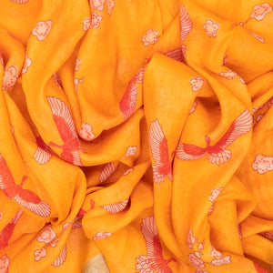 Orange Handloom Linen Saree With Printed Bird Motifs