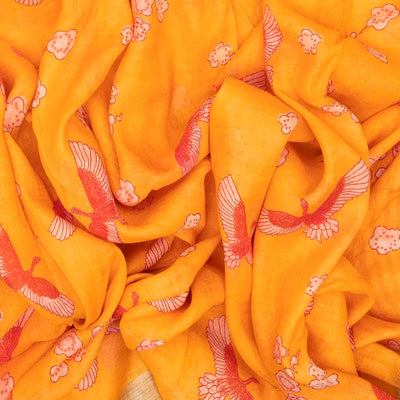 Orange Handloom Linen Saree With Printed Bird Motifs