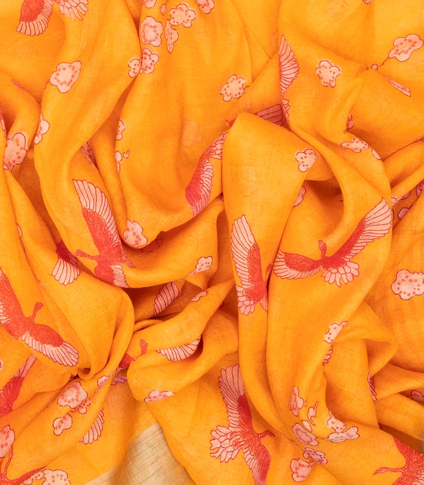 Orange Handloom Linen Saree With Printed Bird Motifs