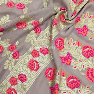 Peach Flower Motif Banarasi Khaddi Georgette Saree