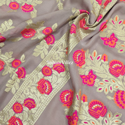 Peach Flower Motif Banarasi Khaddi Georgette Saree