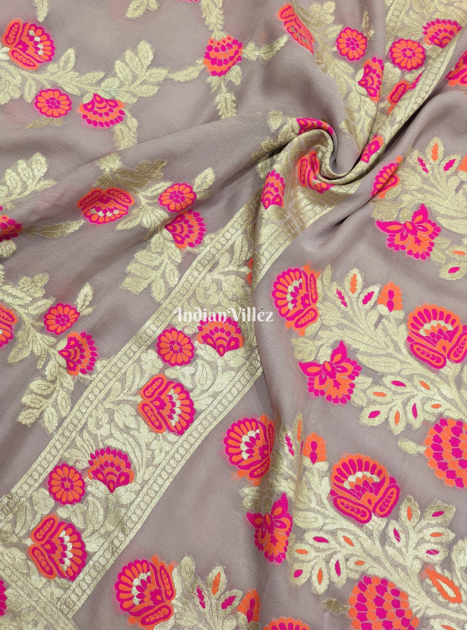 Peach Flower Motif Banarasi Khaddi Georgette Saree