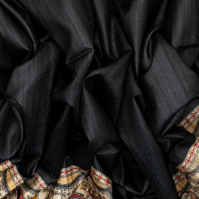 Black Handloom Tussar Silk Saree With Printed Wedding Motifs