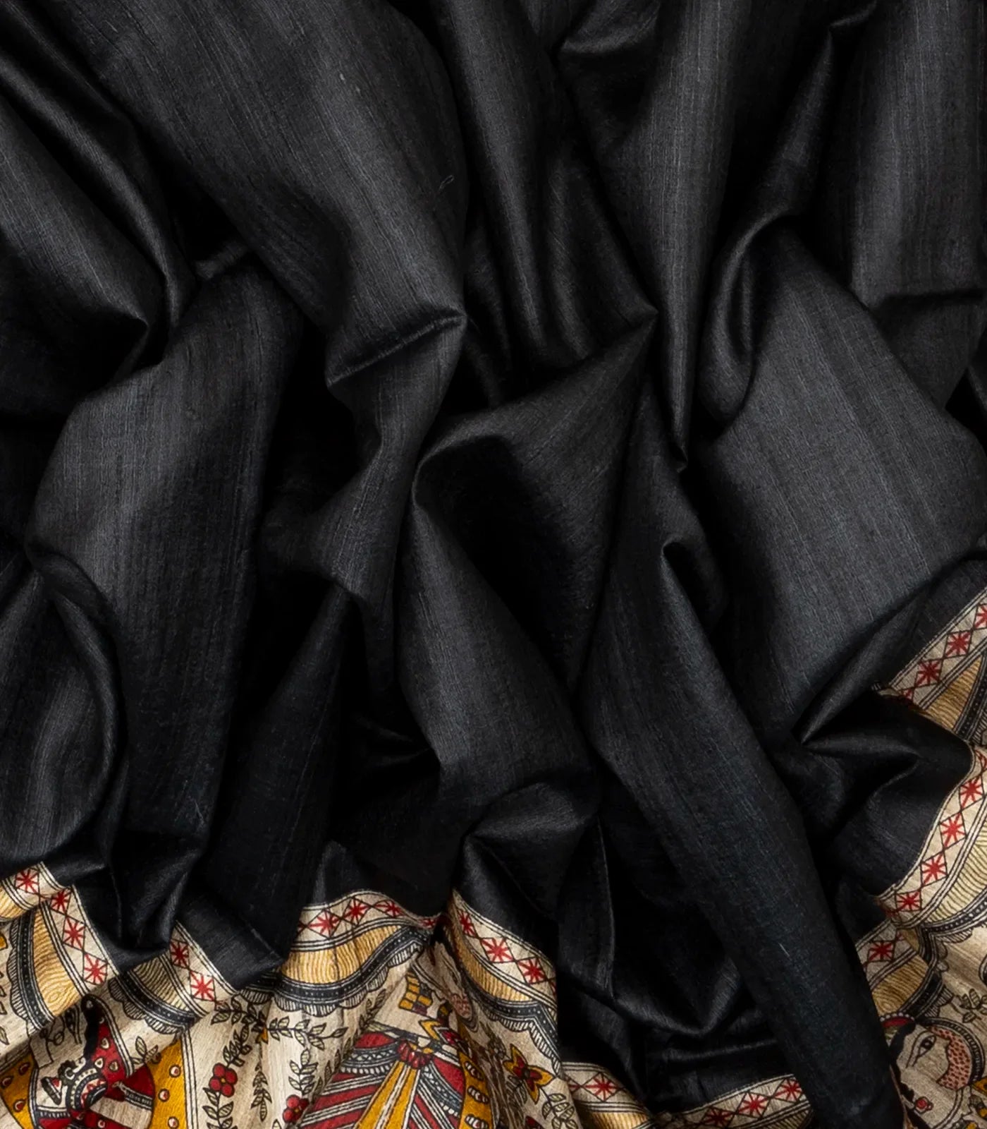 Black Handloom Tussar Silk Saree With Printed Wedding Motifs