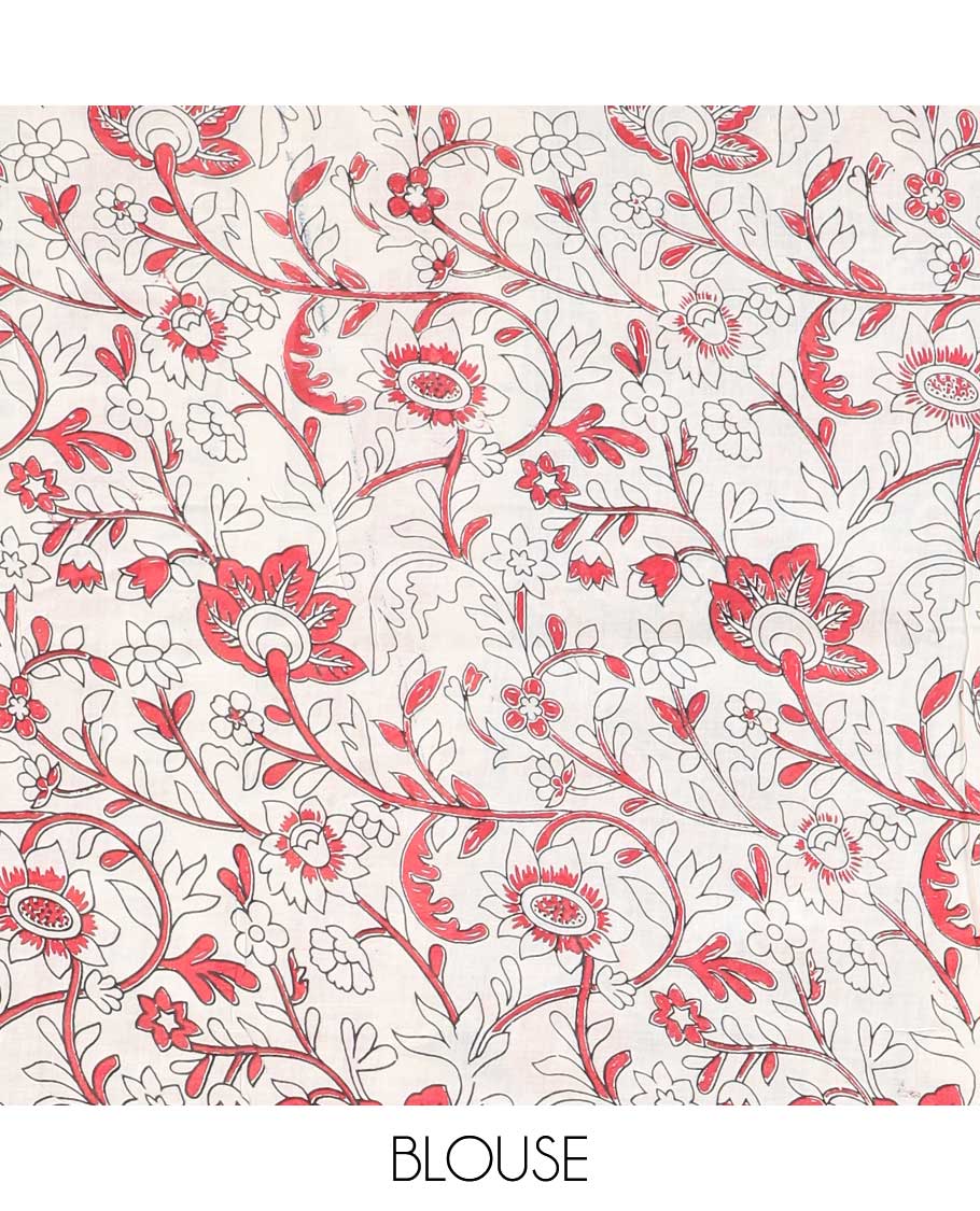 Blue floral machine-printed kalamkari cotton saree, contrast floral & geometric border & intricate pallu