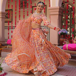 Creamy Crimson Blaze Printed Satin Lehenga Set