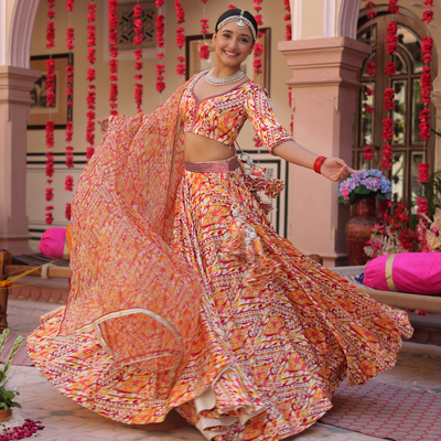 Creamy Crimson Blaze Printed Satin Lehenga Set
