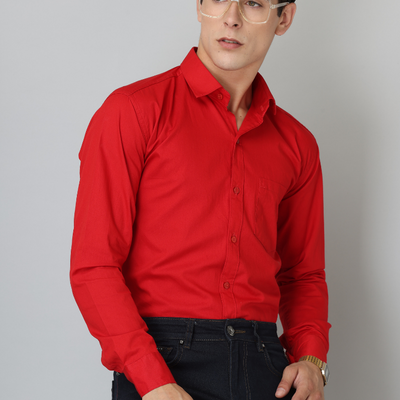 Frankshirt Red Solid Tailored Fit Cotton Casual Shirt for Man