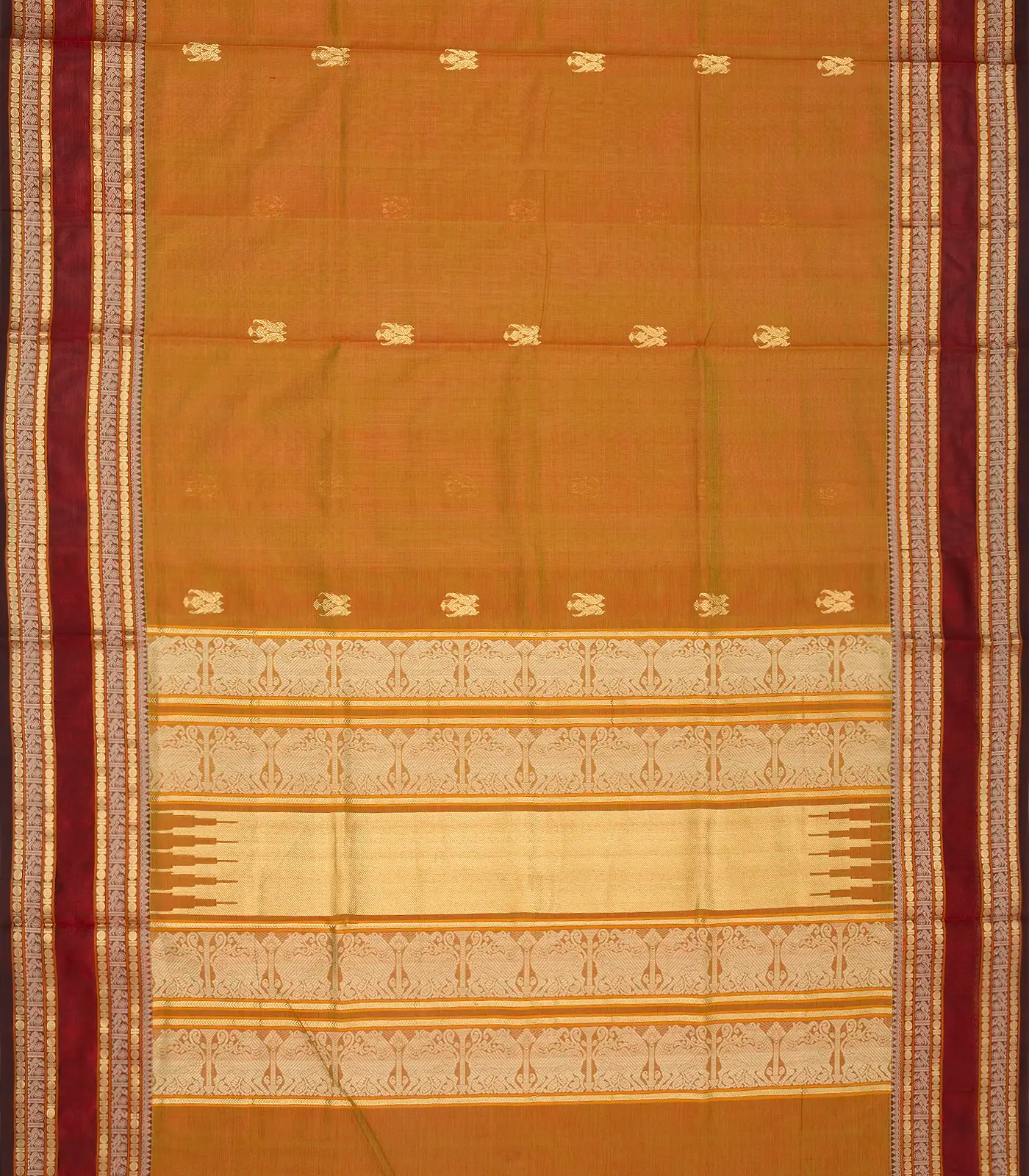 Mustard Handloom Silk Cotton Saree With Parrot Buttas