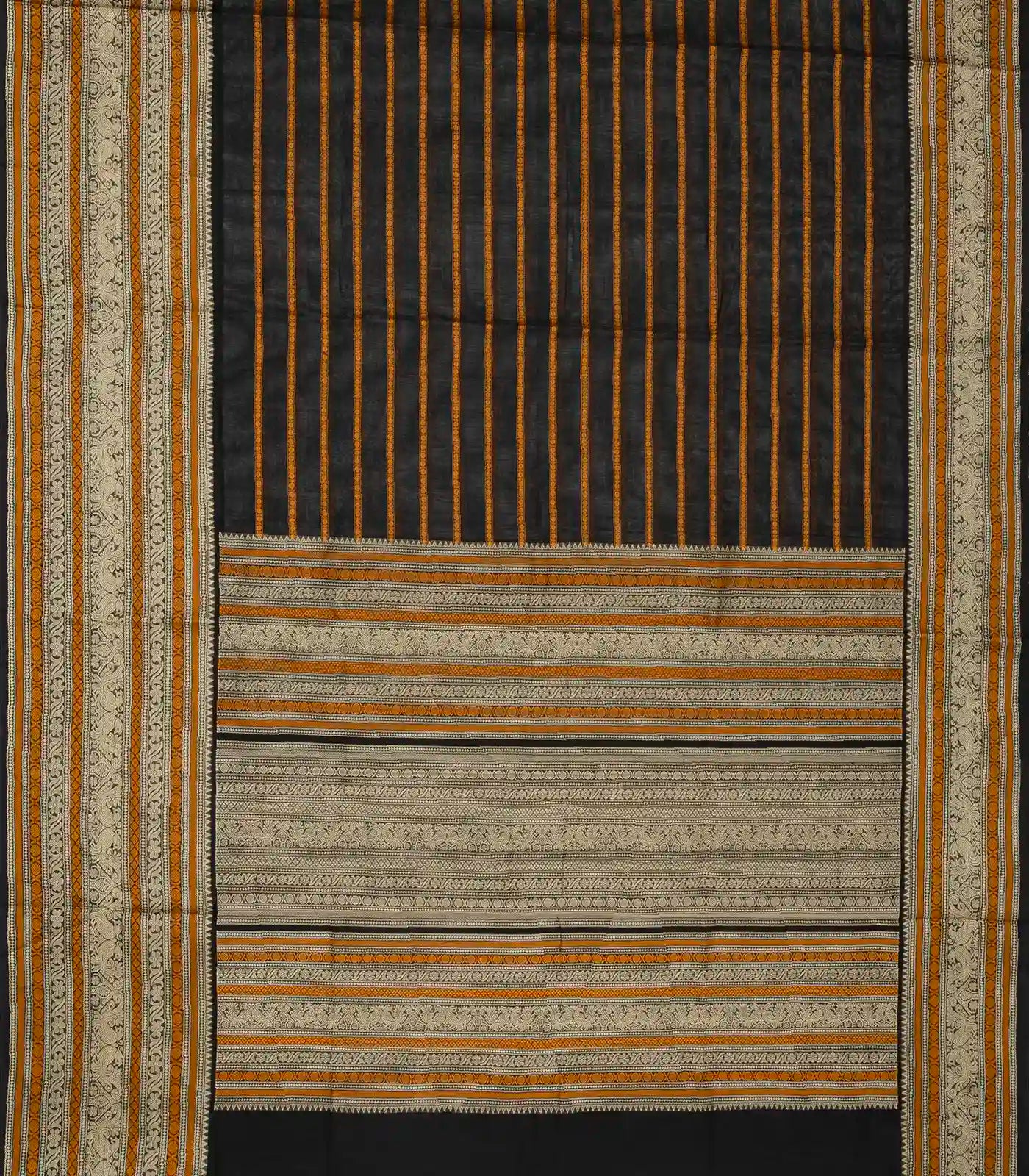 Black Handloom Silk Cotton Saree With Beldari Stripes