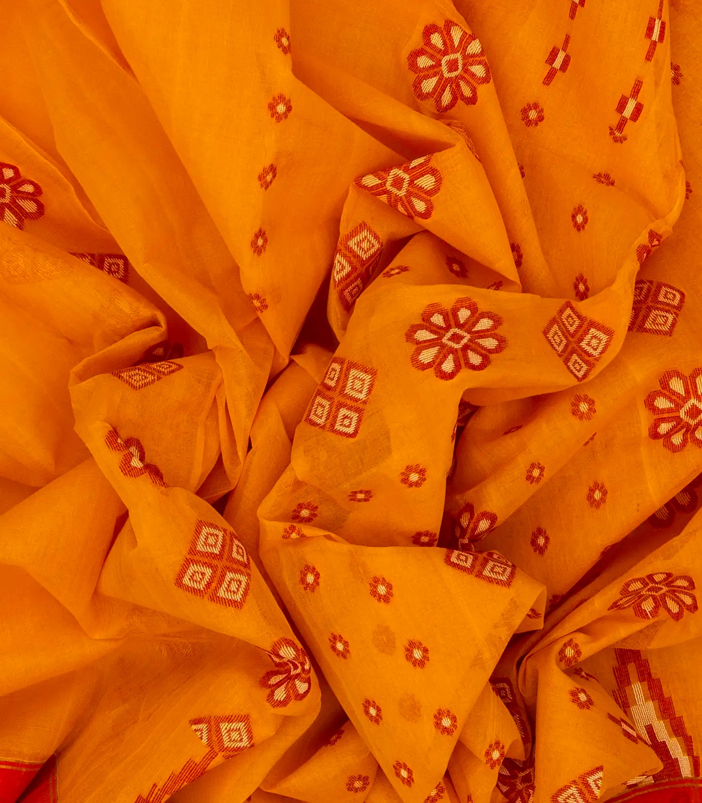 Orange Bengal Cotton Saree With Floral Motifs