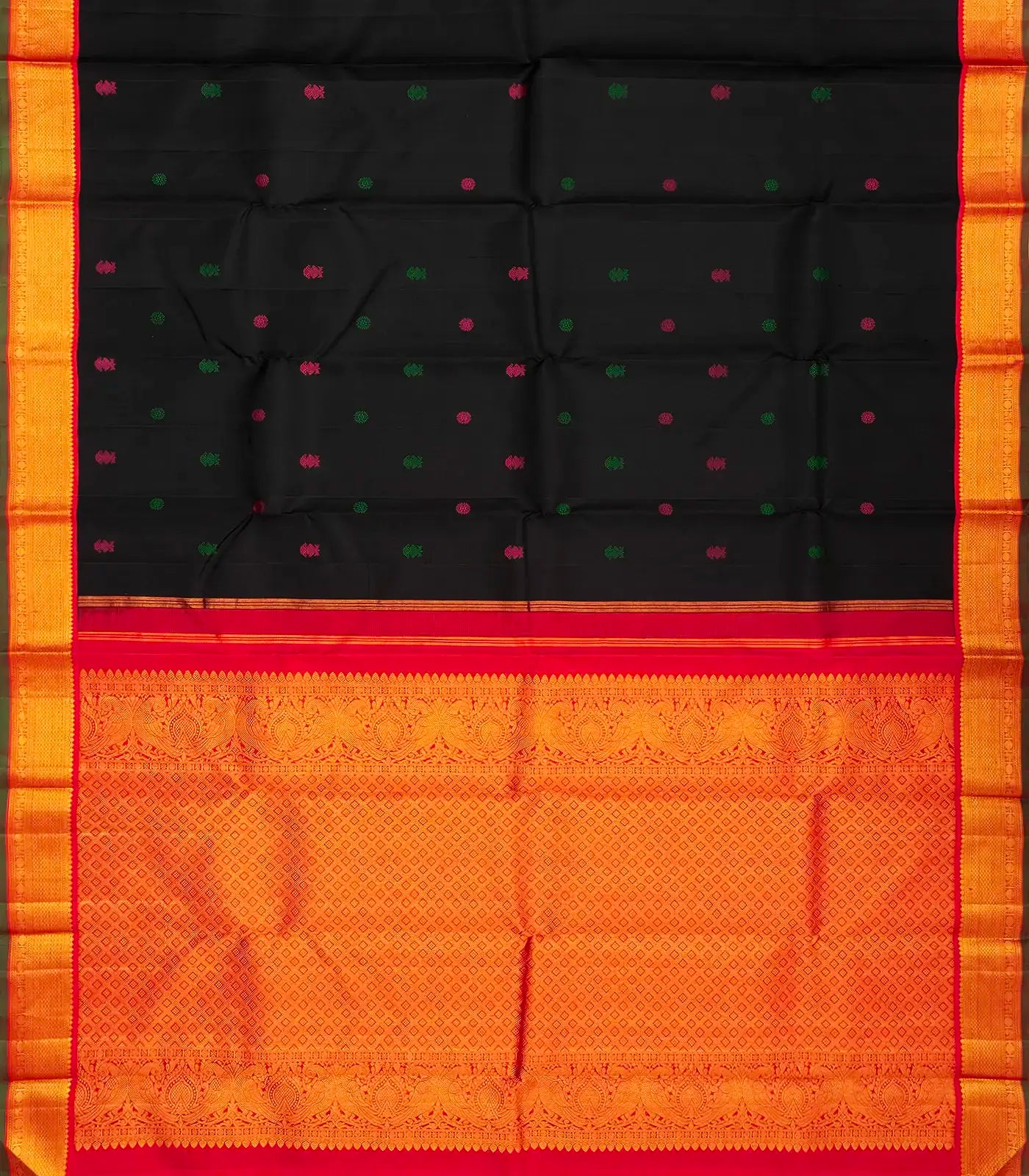 Black Handloom Kanchipuram Korvai Silk Saree With Gandaberunda Buttas