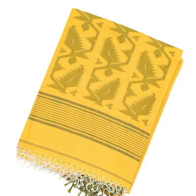 Yellow Handloom Bengal Cotton Saree With Floral Motifs