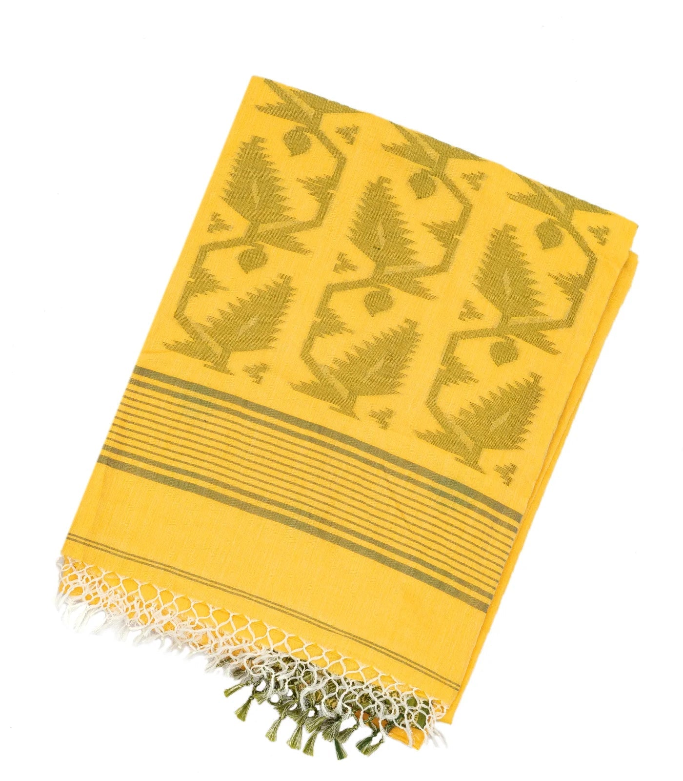 Yellow Handloom Bengal Cotton Saree With Floral Motifs