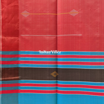 Peach with Sky Blue Handwoven Soft Silk Saree