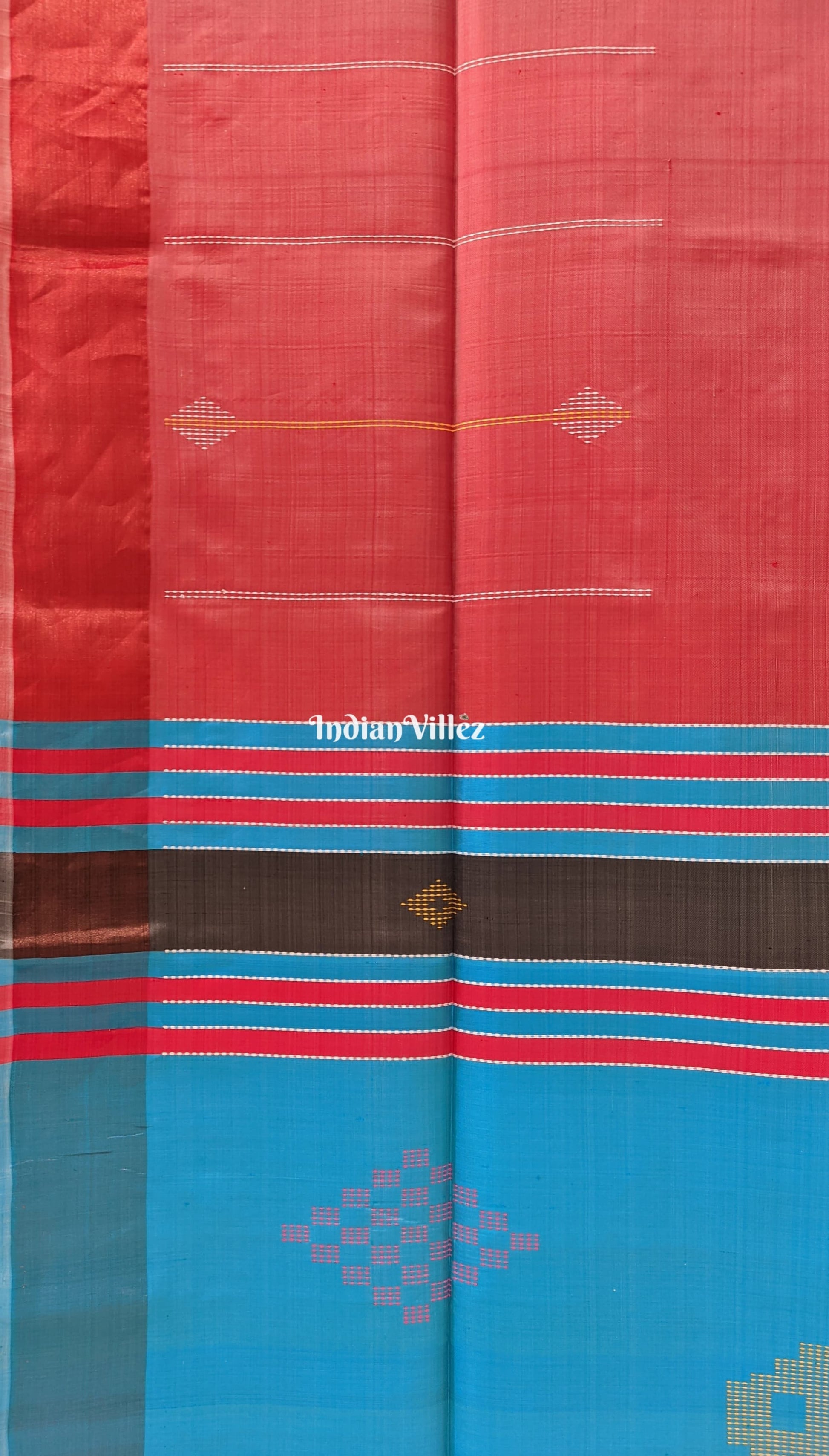 Peach with Sky Blue Handwoven Soft Silk Saree