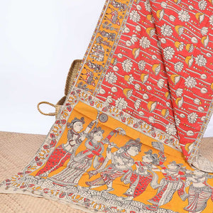 Red floral motifs machine-printed kalamkari cotton saree, contrast unique design border & pallu of ancient figurines