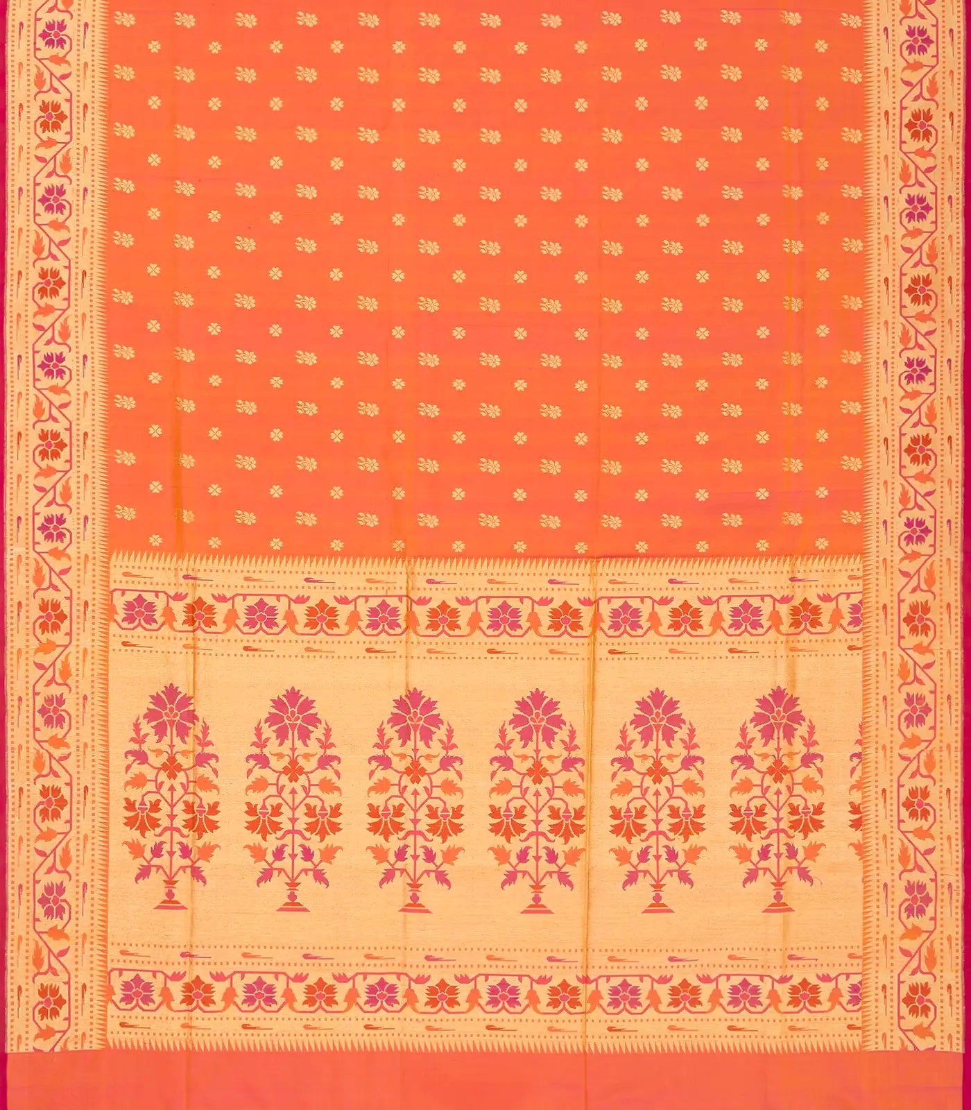 Orange Handwoven Banarasi Silk Saree With Floral Motifs