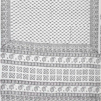 White Woven Jaipur Cotton Saree Printed With Black Mango Motifs