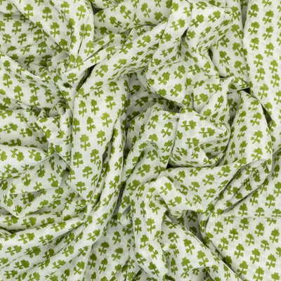 White Woven Jaipur Cotton Saree Printed With Green Floral Motifs