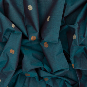 Teal Handloom Kanchi Cotton Saree With Annam Buttas.