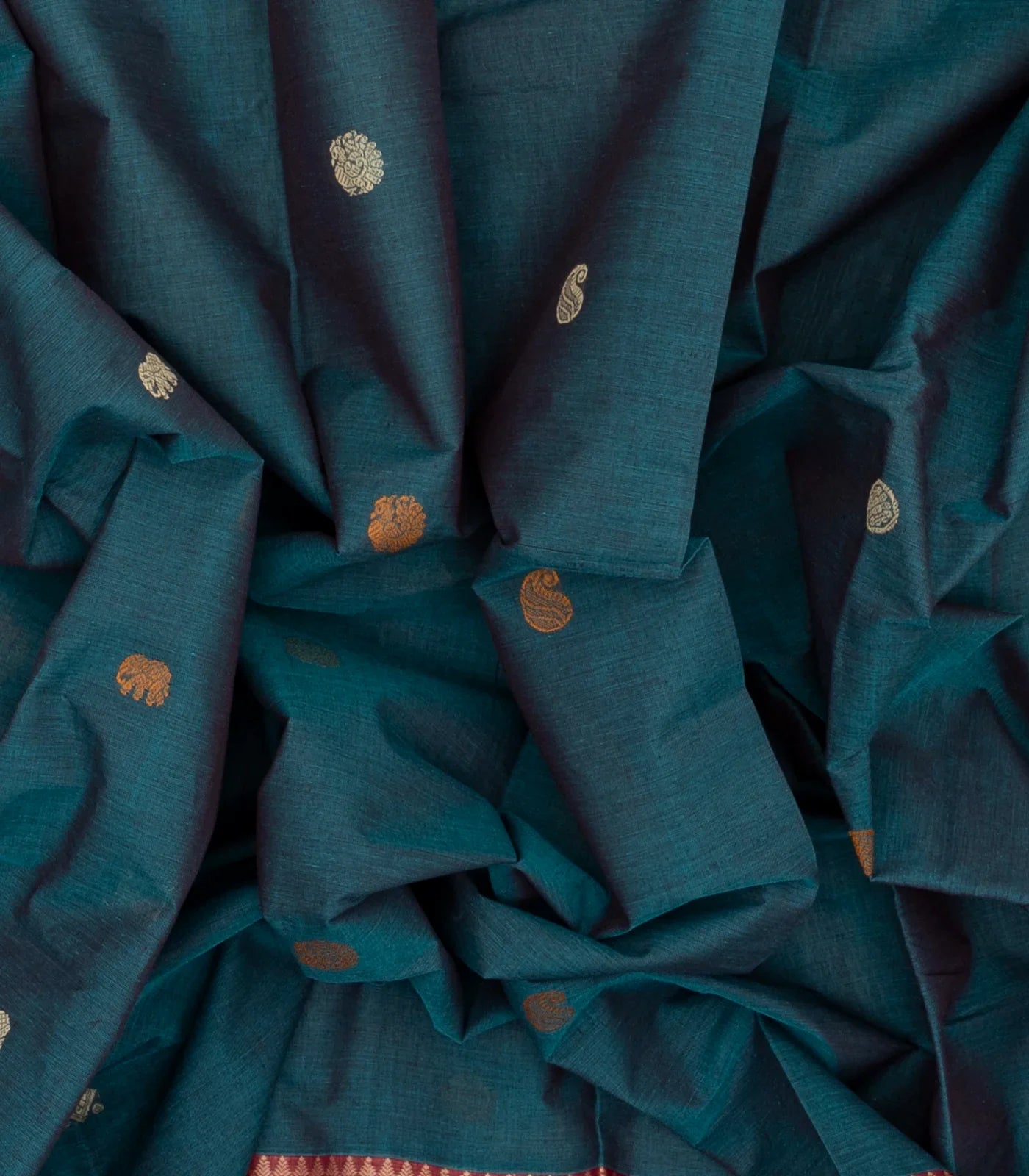 Teal Handloom Kanchi Cotton Saree With Annam Buttas.