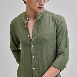 Olive Mandarin Linen Blend Shirt