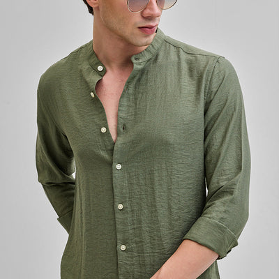 Olive Mandarin Linen Blend Shirt
