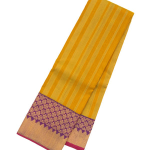Mustard Handloom Kanchipuram Korvai Silk Saree With Stripes