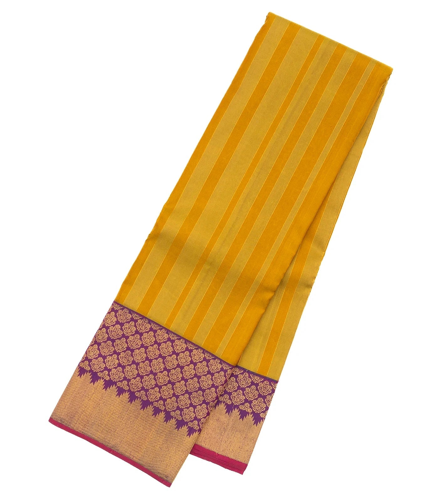 Mustard Handloom Kanchipuram Korvai Silk Saree With Stripes