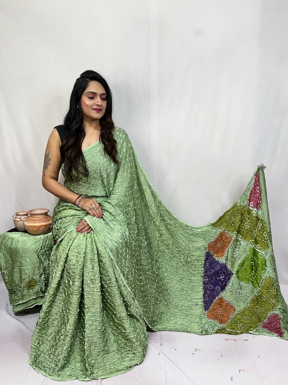 Pure Modal Silk Barik Bandhej Lagdi Pallu Bandhani Saree