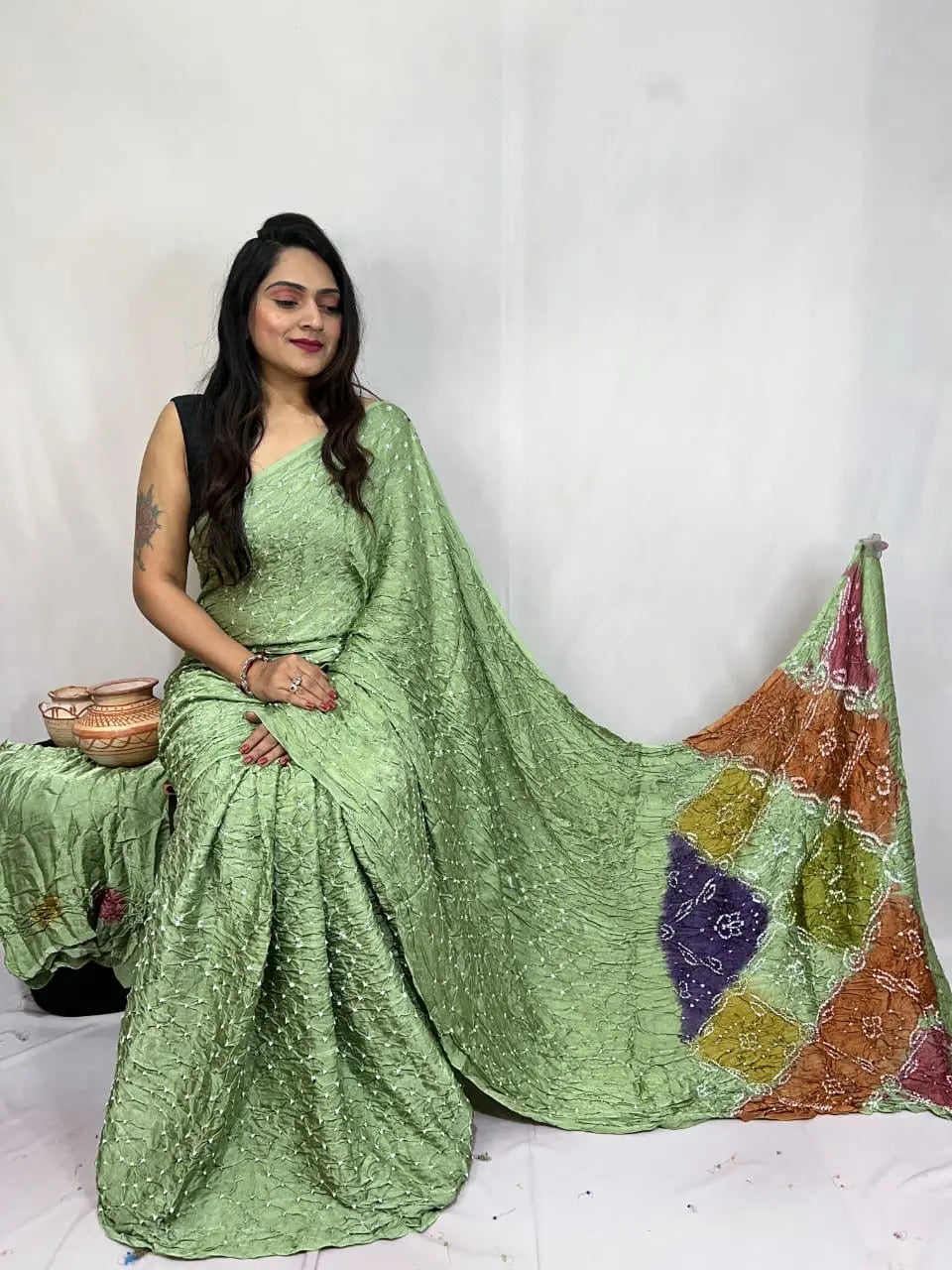 Pure Modal Silk Barik Bandhej Lagdi Pallu Bandhani Saree