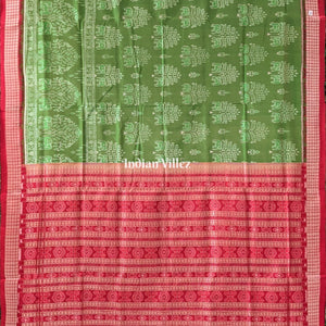 Parrot Green Red Dual Tone Elephant Pure Sambalpuri Bomkai Silk Saree