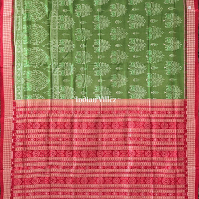 Parrot Green Red Dual Tone Elephant Pure Sambalpuri Bomkai Silk Saree