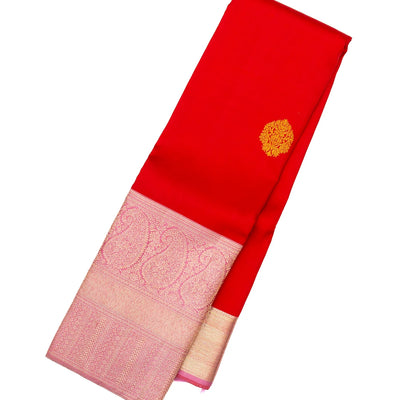 Red Handloom Kanchipuram Silk Saree With Floral Buttas
