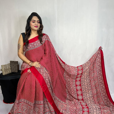 Modal Silk Authentic Hand Blocked Ajrakh work Saree