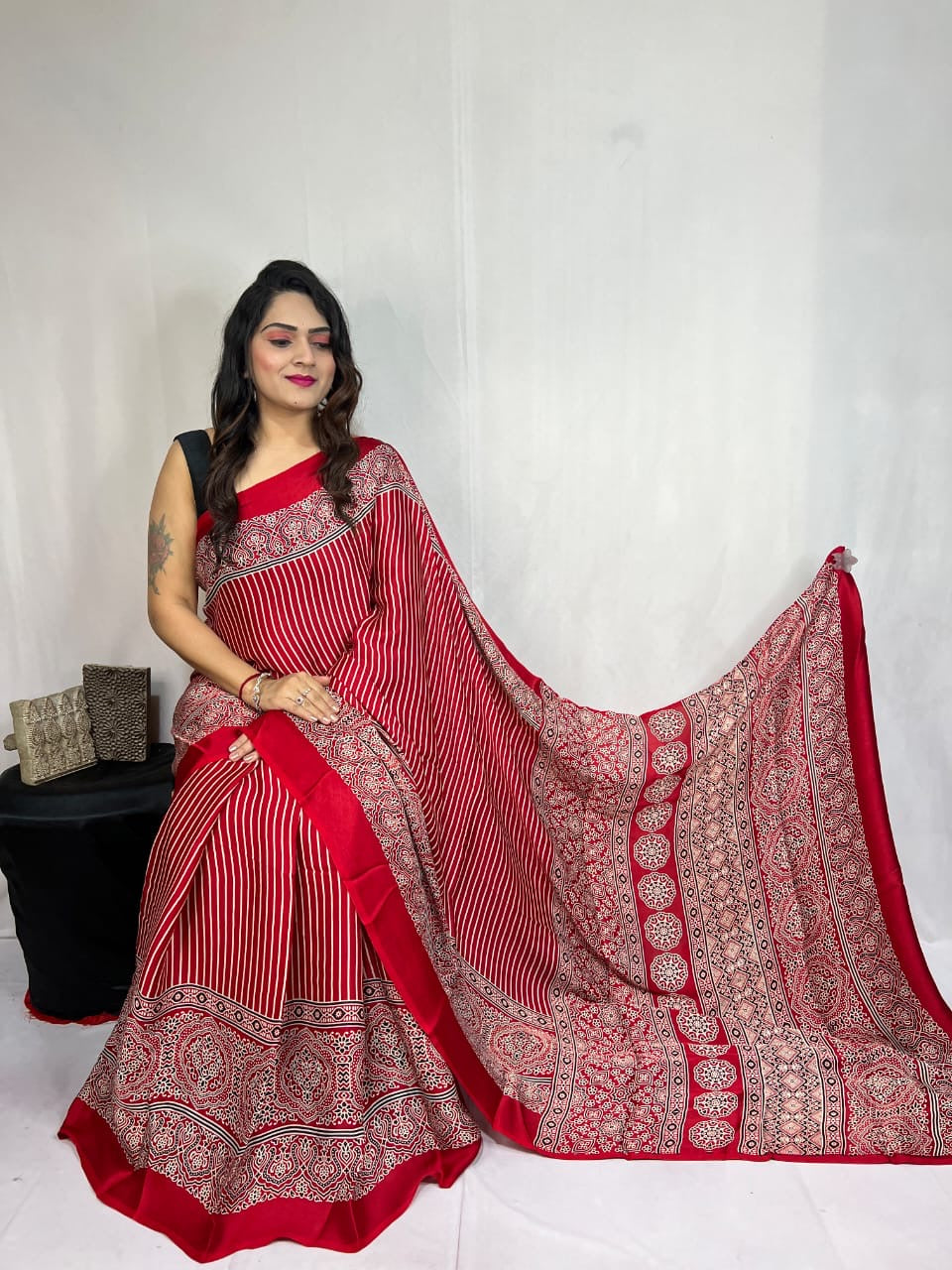 Modal Silk Authentic Hand Blocked Ajrakh work Saree