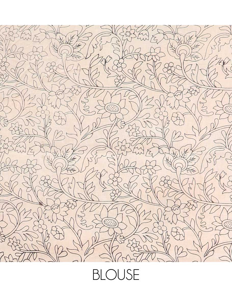 Red floral motifs machine-printed kalamkari cotton saree, contrast unique design border & pallu of ancient figurines