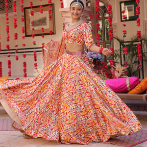 Creamy Crimson Blaze Printed Satin Lehenga Set