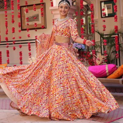 Creamy Crimson Blaze Printed Satin Lehenga Set