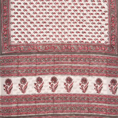 White Woven Jaipur Cotton Saree Printed With Brown Flower  Motifs