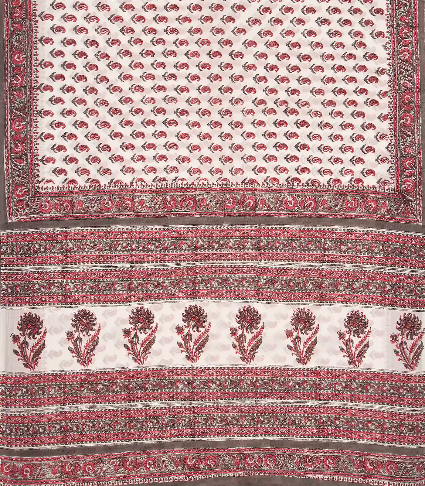 White Woven Jaipur Cotton Saree Printed With Brown Flower  Motifs