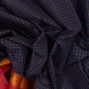 Navy Blue Handloom Kanchi Cotton Saree With Crimson Border