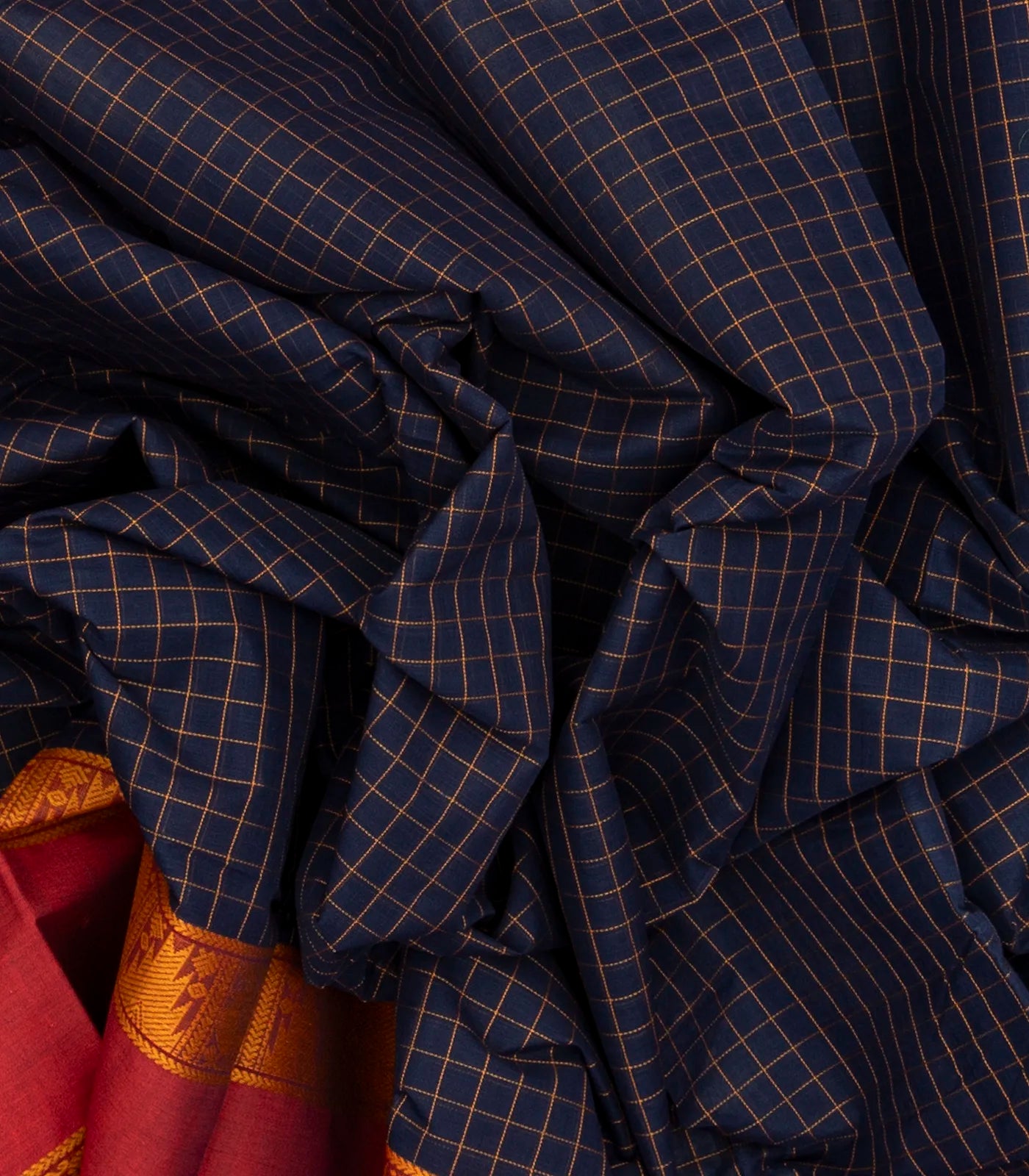 Navy Blue Handloom Kanchi Cotton Saree With Crimson Border