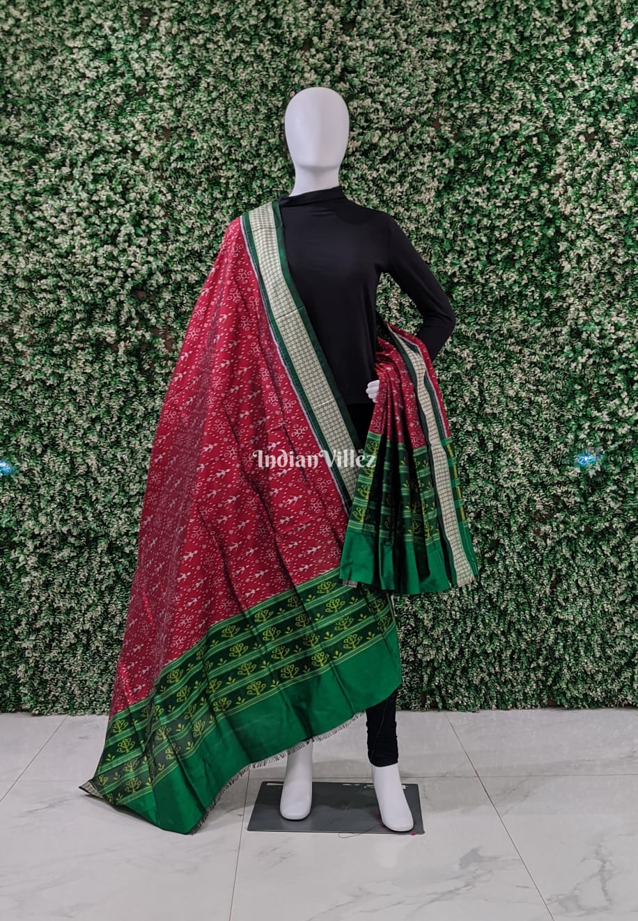 Maroon Green Red Tribal Sambalpuri Silk Dupatta
