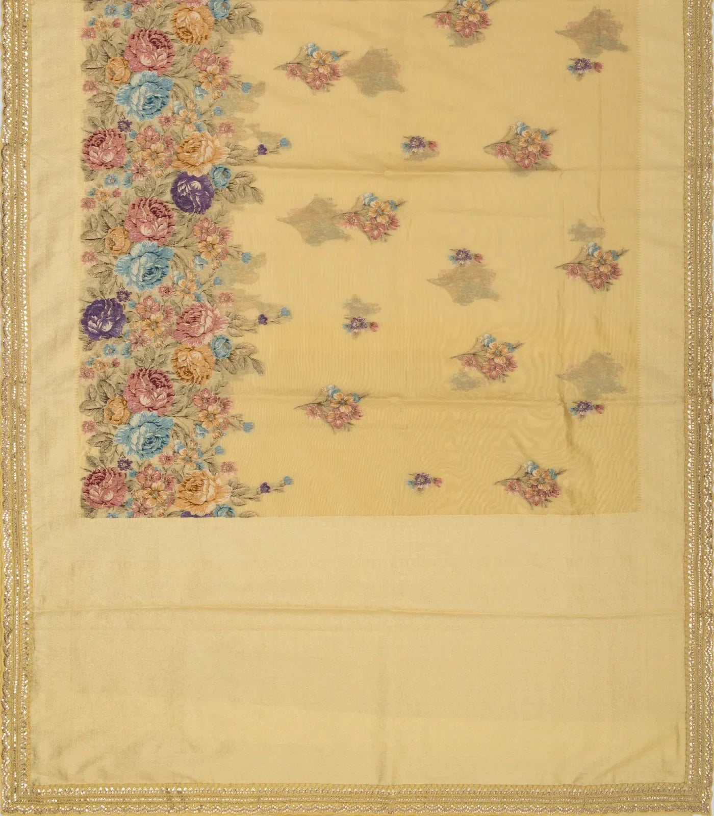 Gold Woven Tissue Saree With Floral Print & Embroidery